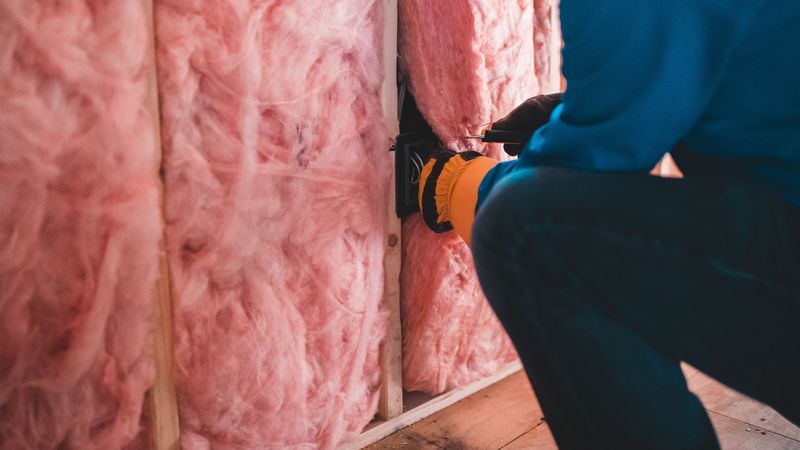 Pose de laine de verre rose entre des montants en bois